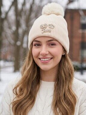 Juicy Couture Beige Charm Faux Fur Pom-Pom Beanie